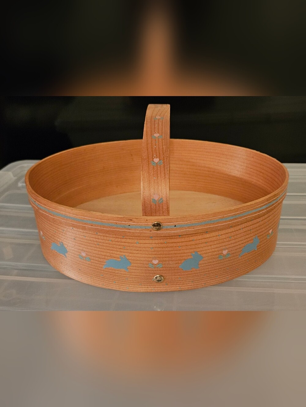 Handpainted Tan Wooden Basket with Blue Bunny Accents
